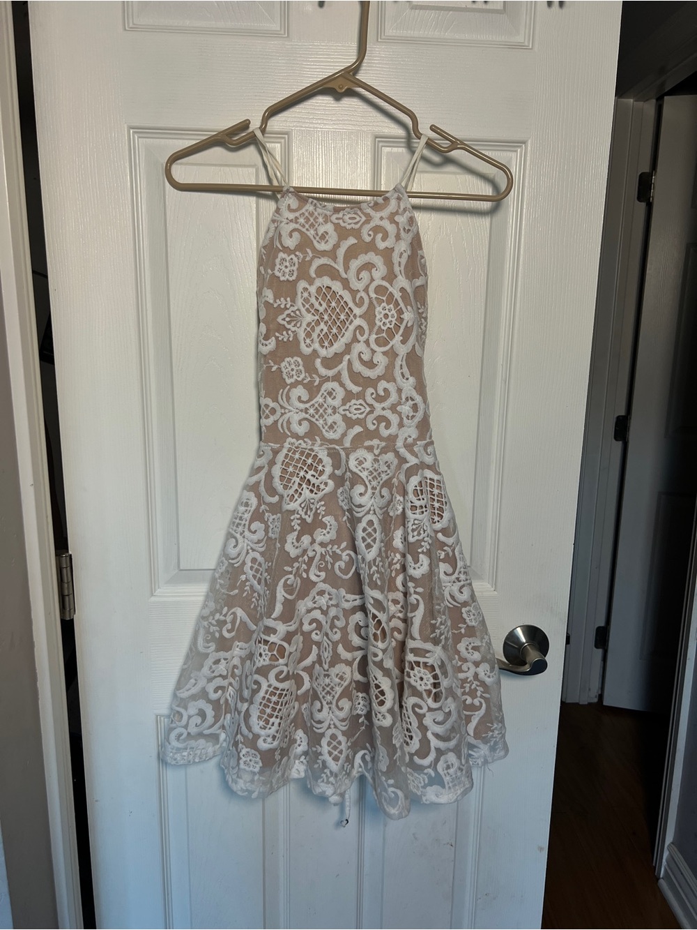 White Lace Beige Mini Dress | Criss CrossTie Back | Bridal shower & Bachelorette